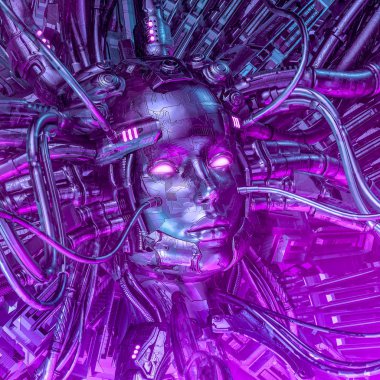 Kodda rüya / 3d robot bilim kurgu kadın yapay zeka kablolu bilgisayar çekirdeğine çizimi