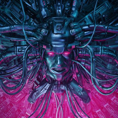 İblis makinede / 3d kötü bilim kurgu erkek yapay zeka kablolu bilgisayar çekirdeğine çizimi