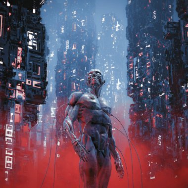 Eski karbon / bilim kurgu erkek insansı robot kayıp fütüristik neon 3d çizimi yaktı cyberpunk şehir