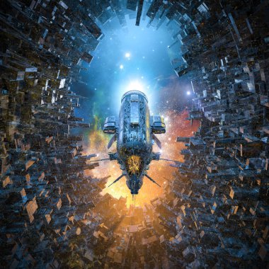 Uzay Koloni geliş/futuristik şehir uzay istasyonuna kayma ağır zırhlı savaş kruvazör uzay 3D Illustration