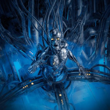 Makine Splinter/futuristik bilgisayar çekirdeği içinde sıkışmış bilim kurgu erkek insansı Android 3D Illustration