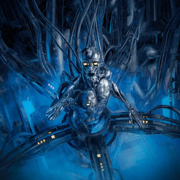 機械の破片 科学小説の3D イラストは 未来的なコンピュータのコア内部に閉じ込められた男性のヒューマノイドロボット — ストック写真