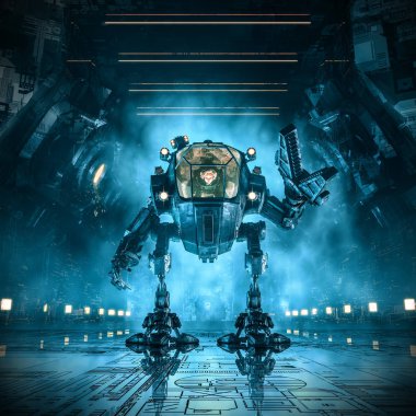 Kara sanayi uzay gemisi koridor içinde ağır endüstriyel mekanik robot kontrol kadın astronot ile bilim kurgu sahne Kargo Yükleyici MECH/3D Illustration