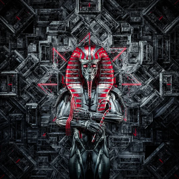 Gelecek Kral/Hitech tapınak içinde metalik fütüristik erkek Mısır Firavun robot 3D Illustration