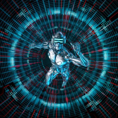 Dijital derin dalış / bilim kurgu erkek insansı robot 3d çizimi girerek sanal gerçeklik