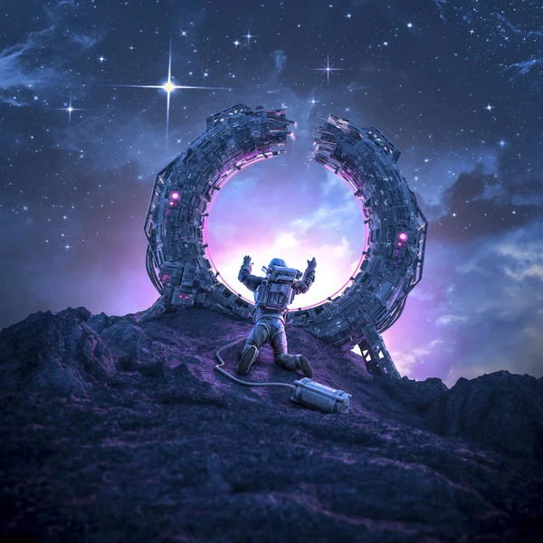 Evden çok uzak / bilim kurgu sahne 3d çizimi ile yalnız astronot tarafından yabancı gezegende mahsur kalan kırık ışınlanma portal
