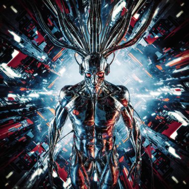 Makine hizmetçi/futuristik bilgisayar çekirdeği içinde metalik bilim kurgu erkek insansı cyborg 3D Illustration