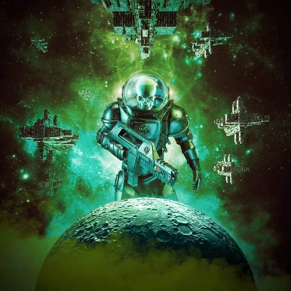 Csontváz Katonai Űrhajós Harcos Illusztrációja Sci Jelenet Gonosz Koponya Arcú — Stock Fotó