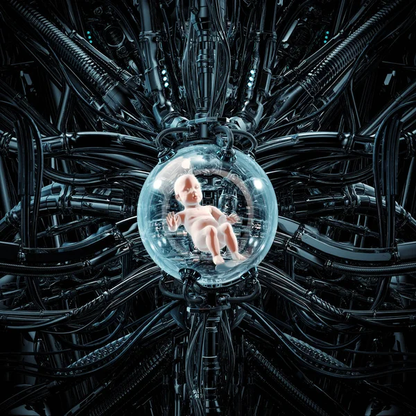複雑な未来のインキュベーターの中で眠っている人間の子供を示す シーンの赤ちゃんポッド イラストのクローン機械 — ストック写真