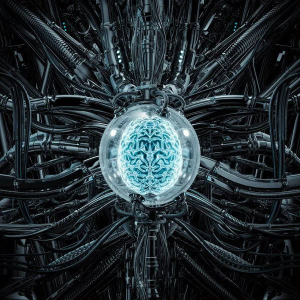 Мозговой Блок Иллюстрация Сцены Научной Фантастики Показывающая Глотающий Человеческий Мозг — стоковое фото