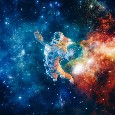 Yıldızlar arasında/parlak renkli galaksiler arasında dış uzayda yüzen astronot ile bilim kurgu sahnesi 3D Illustration