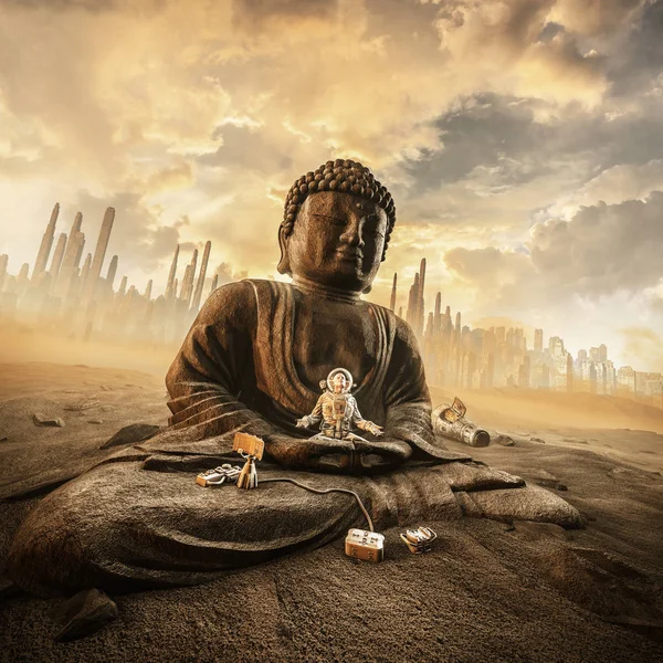 Armonía Calor Ilustración Del Astronauta Meditando Antigua Estatua Piedra Buda —  Fotos de Stock