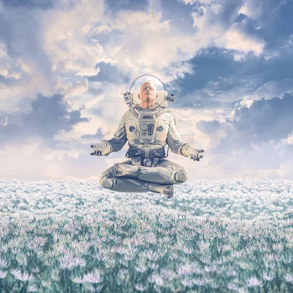 Soñador Campo Ilustración Escena Surrealista Ciencia Ficción Con Astronauta Meditando — Foto de Stock