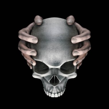 Karanlık düşünceler korku kafatası / siyah arka plan üzerinde korkunç kötü karanlık grungy insan kafatası tutan ellerin 3d illüstrasyon