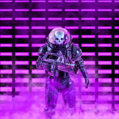 The neon dark trooper / 3D illustration of science fiction scene with evil skull faced astronaut space soldier holding laser rifle in front of glowing neon lights clipart