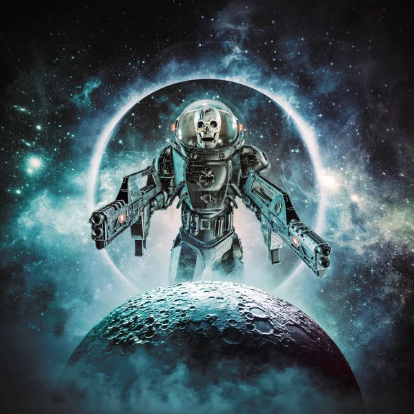 Berserker骨架军事宇航员 科幻场景的3D插图显示邪恶的头骨面对太空士兵与激光脉冲武器上升月上 — 图库照片
