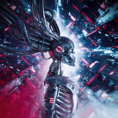 Makine istihbarat reaper / fütüristik bilgisayar çekirdeği içinde metalik bilim kurgu iskelet insansı cyborg 3d illüstrasyon