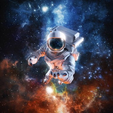 Sana yıldız / uzayda yüzen astronot izleyiciye doğru açık el ile ulaşan bilim kurgu sahnesinin 3d illüstrasyon sunuyoruz