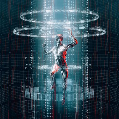 Veri portalı girişi/3D Illustration bilim kurgu erkek insansı Android parlayan sanal gerçeklik kodu ile seyahat