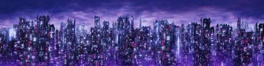 Bilim kurgu Neon şehir gece Panoraması/3D Illustration karanlık futuristik Sci-Fi Şehir ışık Neon Işıklar ile yaktı