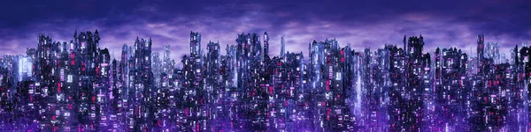 Panorama Noite Cidade Neon Ficção Científica Ilustração Cidade Futurista Escura — Fotografia de Stock