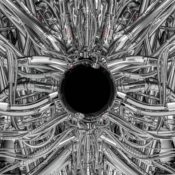 黑暗球形 科幻小说的3D插图在复杂的未来外星铬机械内闪亮的黑色球 — 图库照片