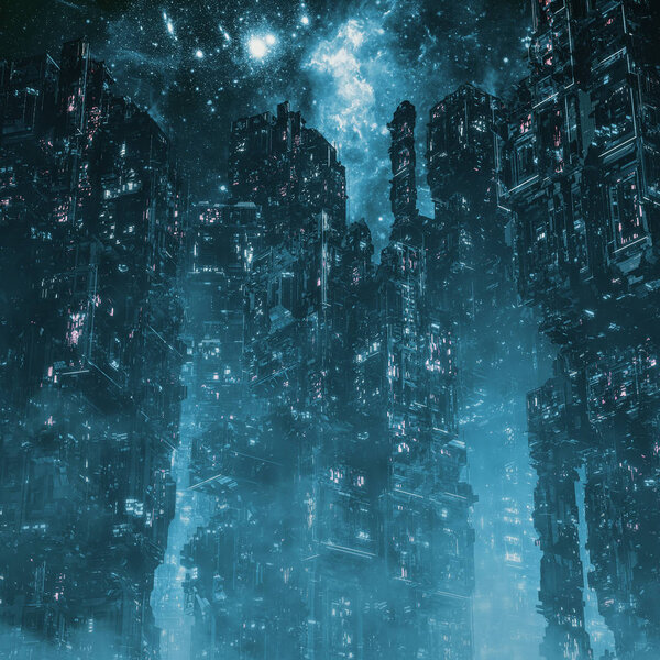 Ночной панк / 3D-иллюстрация темного футуристического научно-фантастического города под ночным небом
