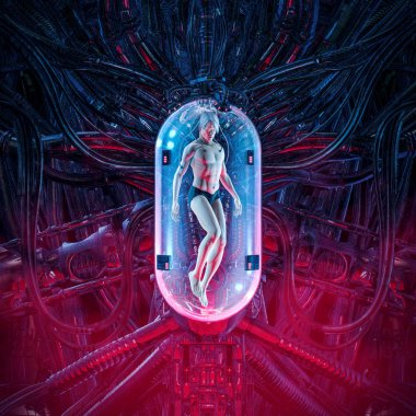 The man clone pod / 3D illustration of science fiction scene showing human male figure inside complex futuristic alien incubator cloning machinery clipart
