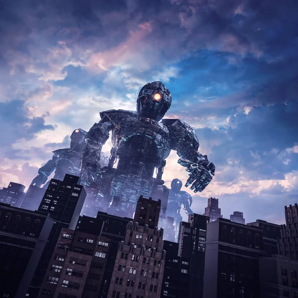 巨人的黎明 复古科幻场景的3D插图与巨大的外星机器人攻击城市 — 图库照片