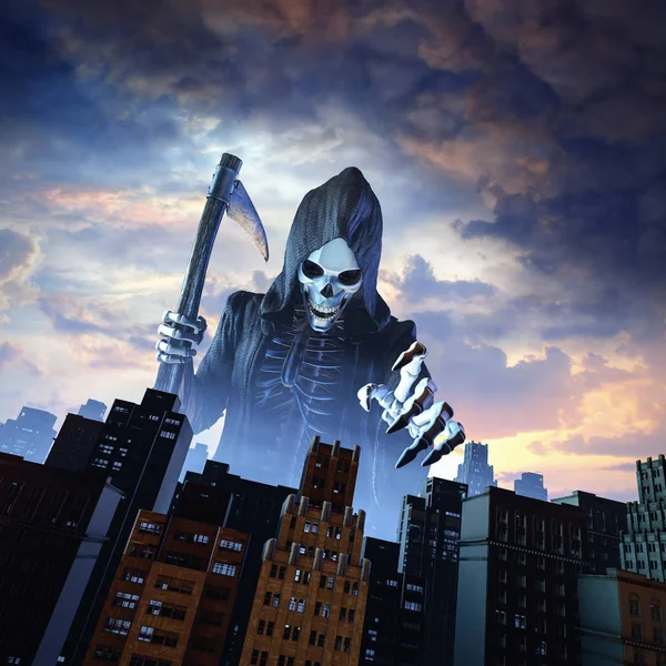 Morte Cidade Ilustração Ceifador Esqueleto Camuflado Chegando Direção Aos Edifícios — Fotografia de Stock