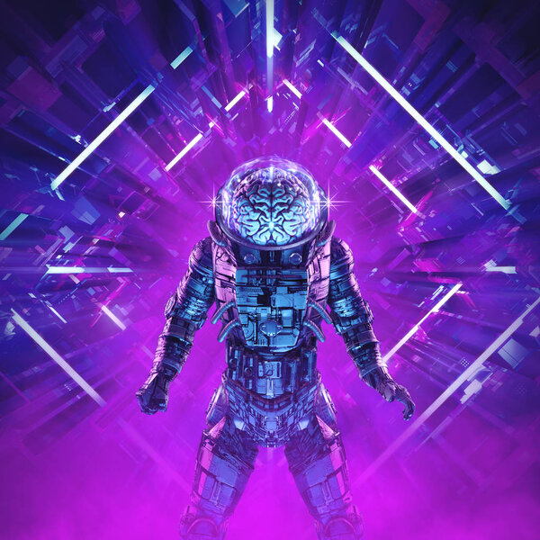 Cosmic mind astronaut / 3D illustration of science fiction scene showing robot human brain astronaut inside neon lit kaleidoscopic space ship corridor