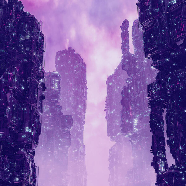 Cyberpunk metropolis dawn / 3D illustration of dark futuristic science fiction city at sunrise