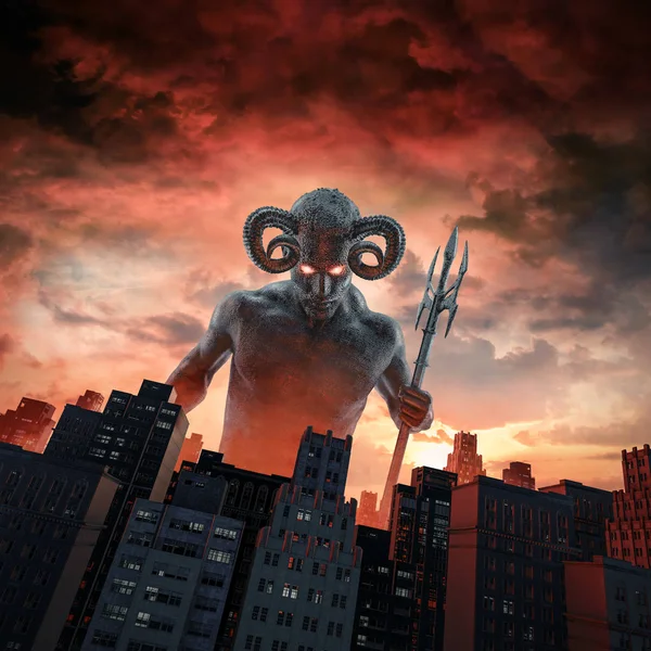 恶魔和城市 角魔鬼的3D插图与三叉叉在黎明时分在城市建筑上方升起 — 图库照片