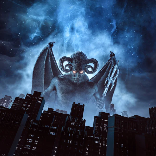 Gece Iblis Kanatları Gece Gökyüzü Altında Şehir Üzerinde Yükselen Trident — Stok fotoğraf
