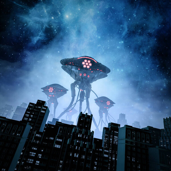 Night of the invasion / 3D illustration of retro science fiction scene with giant alien machines attacking city