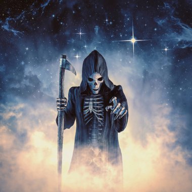 Dead of night / 3d illüstrasyon gizlenmiş iskelet grim reaper sihirli parlayan sis ile izleyiciye doğru ulaşan