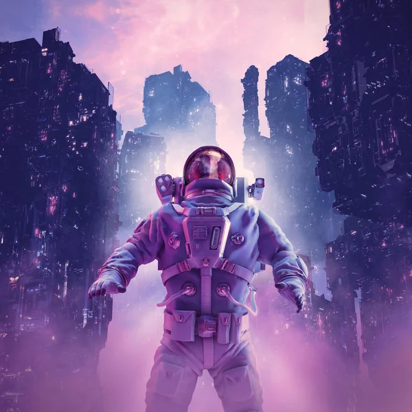 Neon Night Astronaut Illustration Des Astronauten Futuristischer Neonbeleuchteter Cyberpunk Stadt — Stockfoto