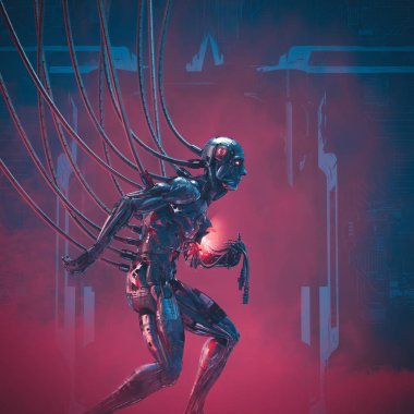 System failure imminent / 3D illustration of damaged futuristic metallic science fiction male humanoid cyborg seeking help
