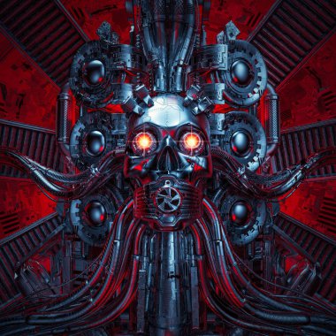 Heavy metal dreams / 3D illustration of science fiction scary robotic skull artificial intelligence hardwired to computer core