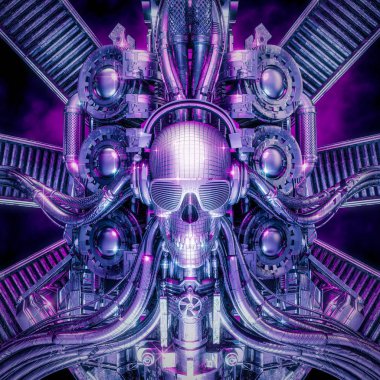 The disco machine / 3D illustration of shiny metallic chrome disco ball skull music machine