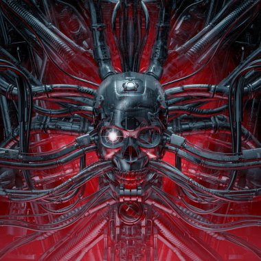 Oyun kafatası / yabancı makine bağlı korkunç kötü robot kafatası 3d illüstrasyon