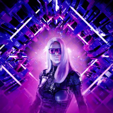 Siber punk kadın kadın kahraman / 3d illüstrasyon güneş gözlüklü güzel sarışın kadın fütürist neon ışıklı koridorda
