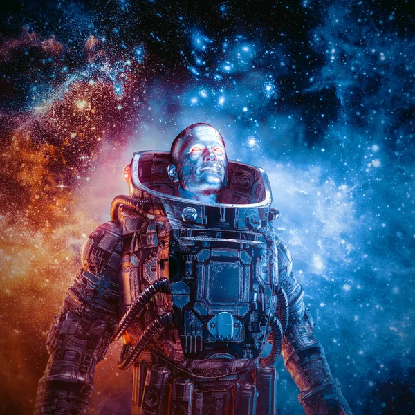 Між Новими Кордонами Ілюстрація Науково Фантастичної Сцени Героїчним Роботизованим Астронавтом — стокове фото