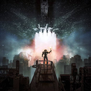 Ziyaretçilerin gelişi / Yalnız astronotların uzay kolonisinin üzerinde yanan bir meşaleyle dev uzay gemisine sinyal göndermelerinin 3 boyutlu çizimi