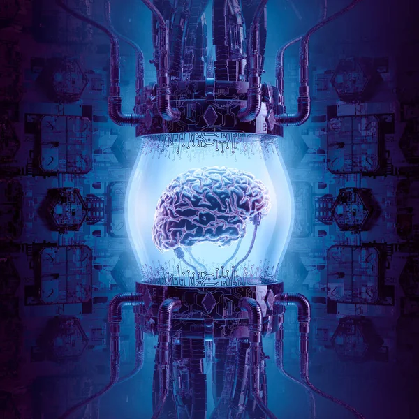 Artificial intelligence machine / 3D illustration of science fiction scene showing glowing human brain inside complex futuristic glass globe computer machinery