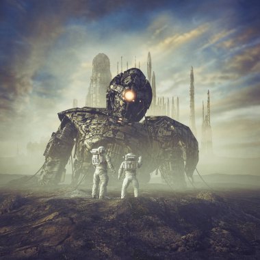 Antik Koruyucu uyanıyor / 3D bilim kurgu sahnesinde astronotların antik şehrin dışında çölde dev bir robot bulduklarını gösteriyor