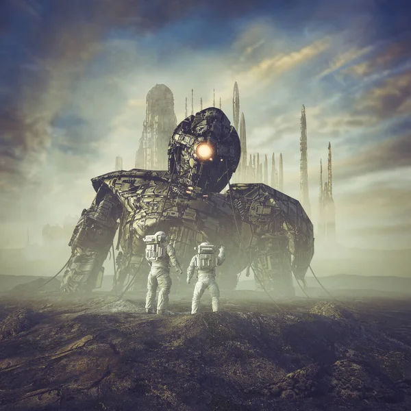 古代守护者苏醒 3D科幻场景图片说明宇航员在古城外的沙漠中发现巨型机器人 — 图库照片