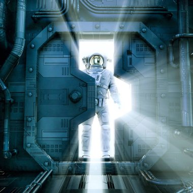 Searching for survivors / 3D illustration of astronaut entering mysterious abandoned space station silhouetted by bright light clipart