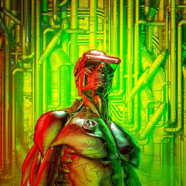 男子科幻小说机器人在抽象工业管道背景上戴未来眼镜的明天 三维图解 — 图库照片