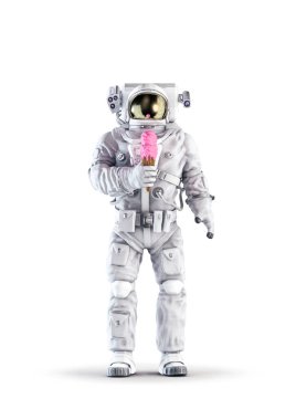 Beyaz stüdyo arka planında izole edilmiş pembe çilekli dondurma külahı tutan uzay elbisesi giyen astronot / 3D çizim